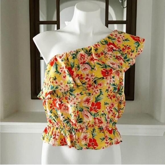 AMERICAN EAGLE YELLOW FLORAL ONE SHOULDER BLOUSE RUFFLE NECKLINE MEDIUM - Picture 1 of 7